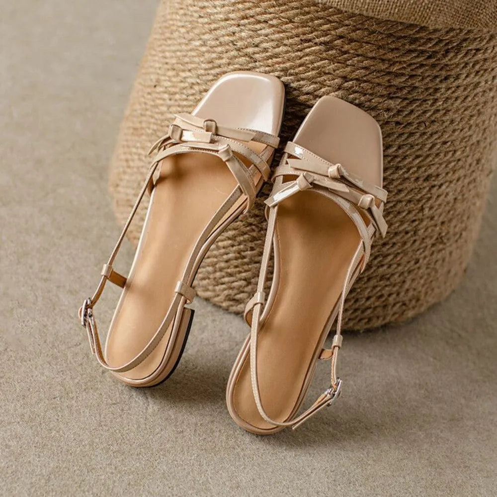 Women's Strappy Sandals - Square Toe - Slingback Buckle - Low Block Heel