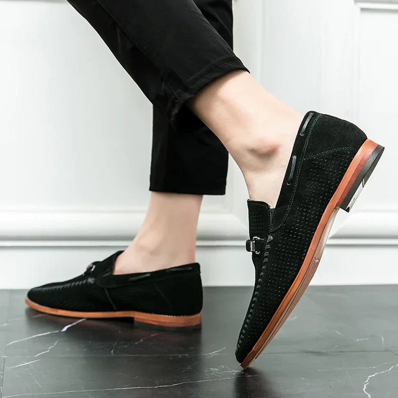 Men’s Slip-On Loafers with Almond Toe, Perforated Upper, and Flat Sole