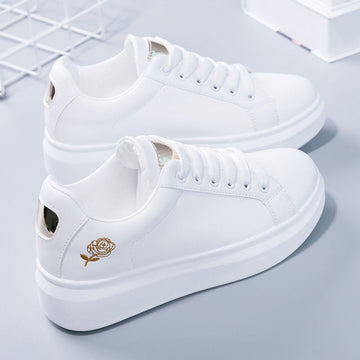 Women's Rose Embroidered Platform Sneakers - Lace-Up Low-Top