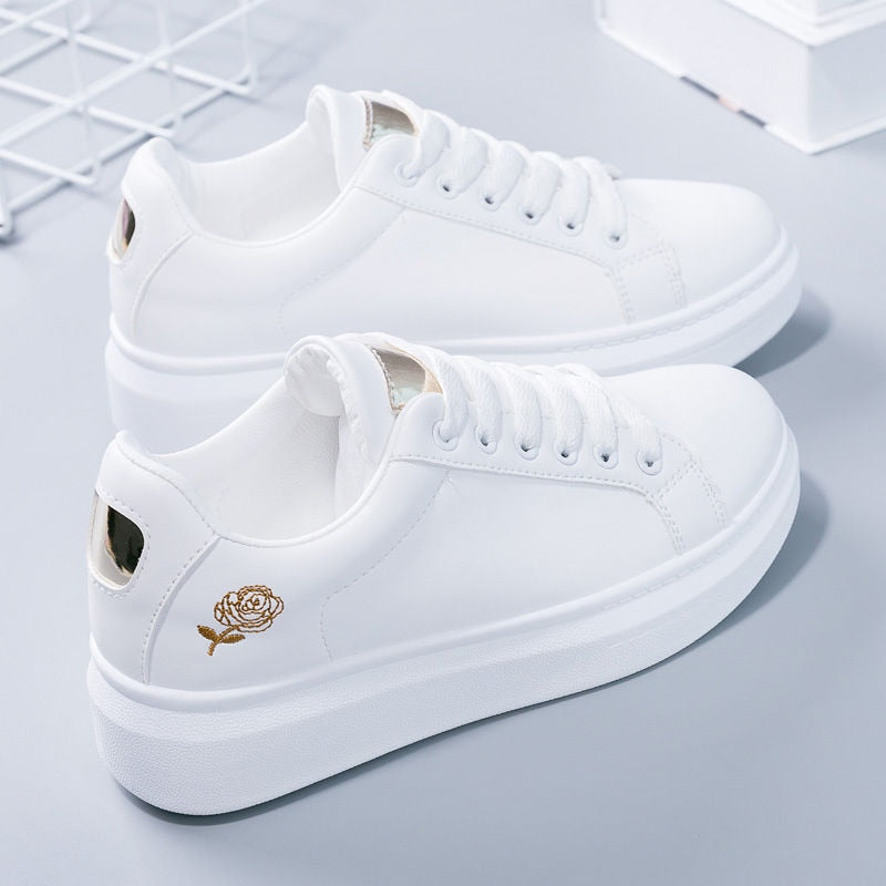 Women's Rose Embroidered Platform Sneakers - Lace-Up Low-Top