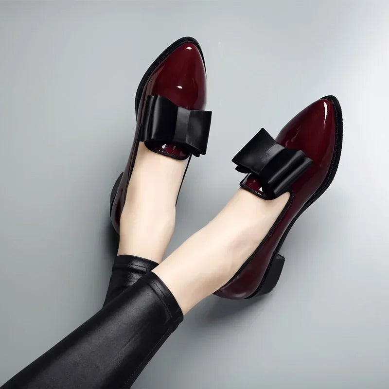 Women’s Faux-Leather Bow Loafers with Gloss Finish and Low Heel