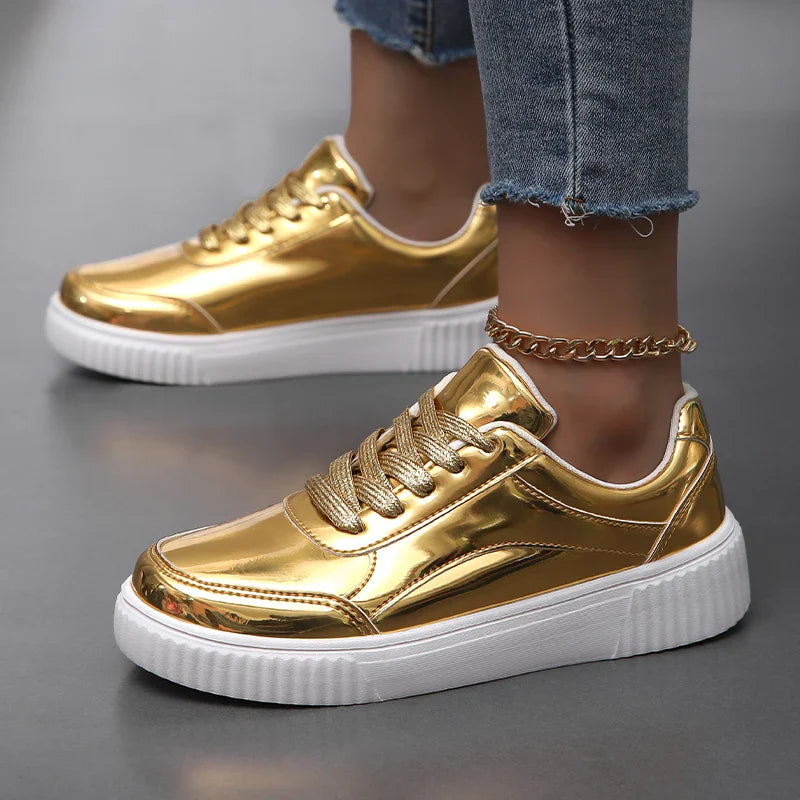 Women's Metallic Platform Sneakers - Round Toe Lace-Up Low-Top