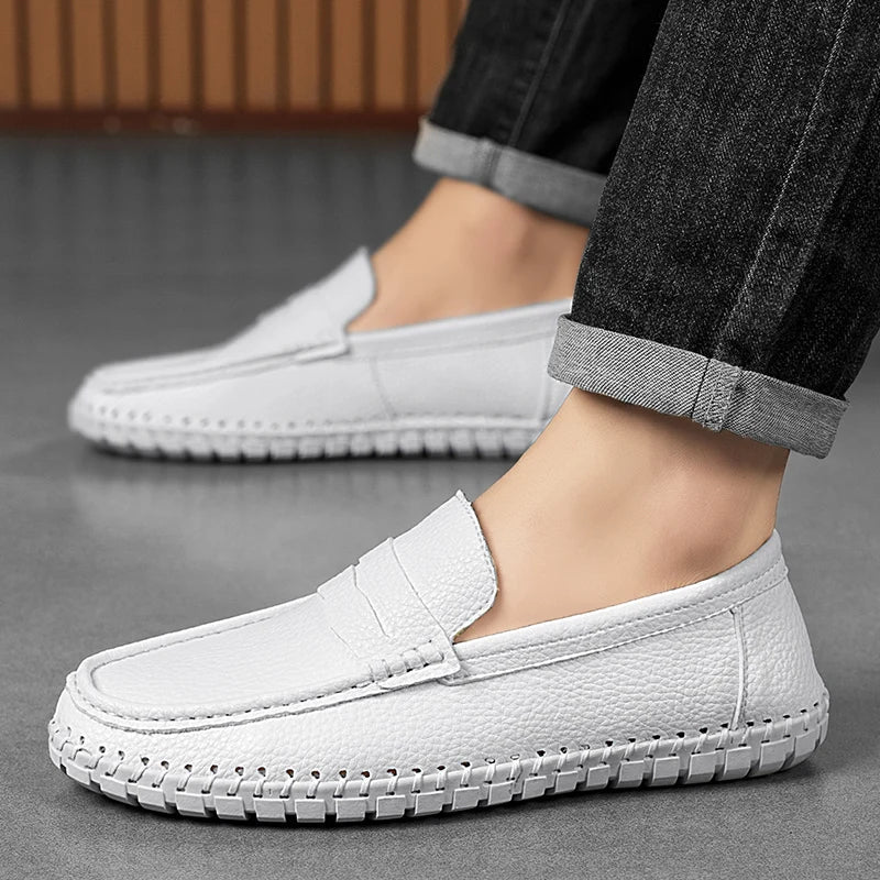 Men's Genuine Leather Penny Loafers - Hand-Stitched Slip-On