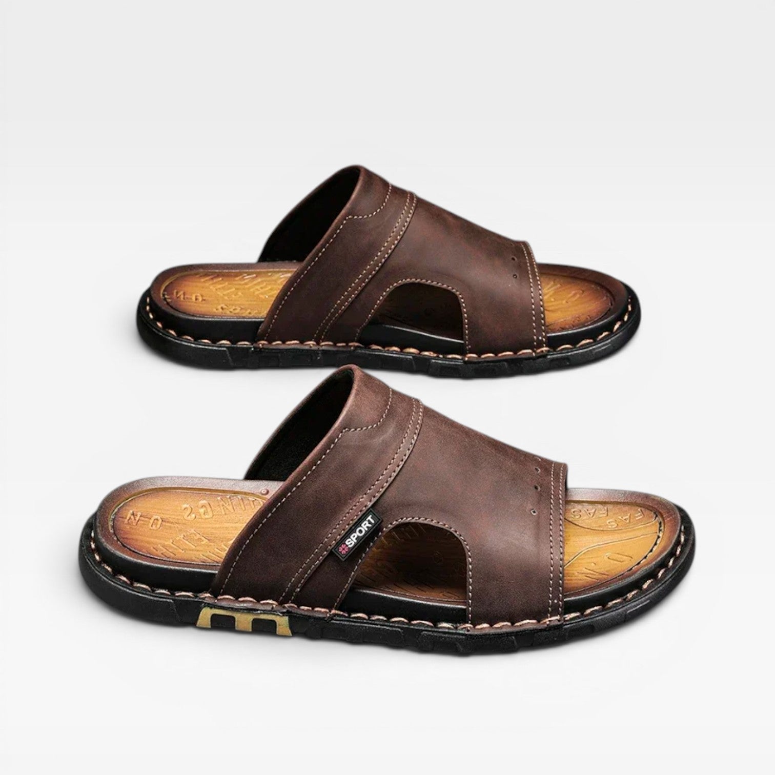 Men's Slide Sandals Leather Open Toe Slip-On Flat Sole