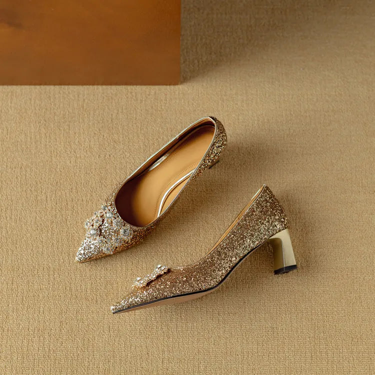 Women's Glitter Pumps - Pointed Toe - Rhinestone Detail - Block Heel