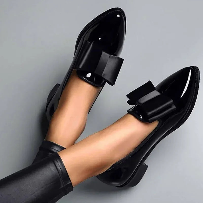 Women’s Faux-Leather Bow Loafers with Gloss Finish and Low Heel