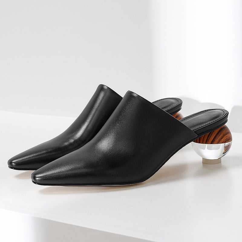Women's Leather Pointed Toe Mules - Closed Toe - Sphere Heel - Slip-On Sandals