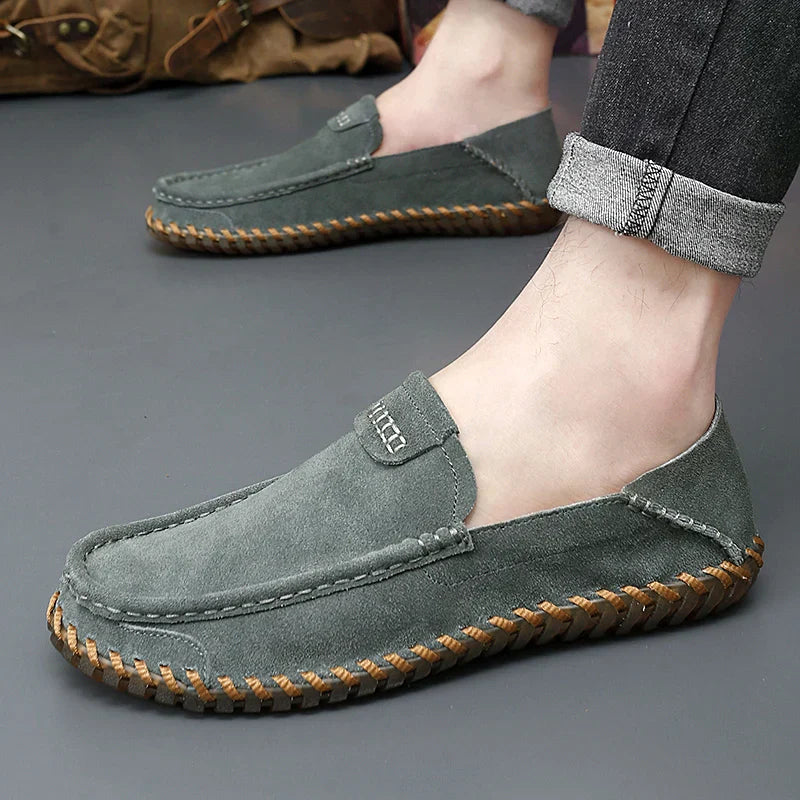 Men's Suede Slip-On Loafers - Rounded Toe - Stitched Moccasin Sole