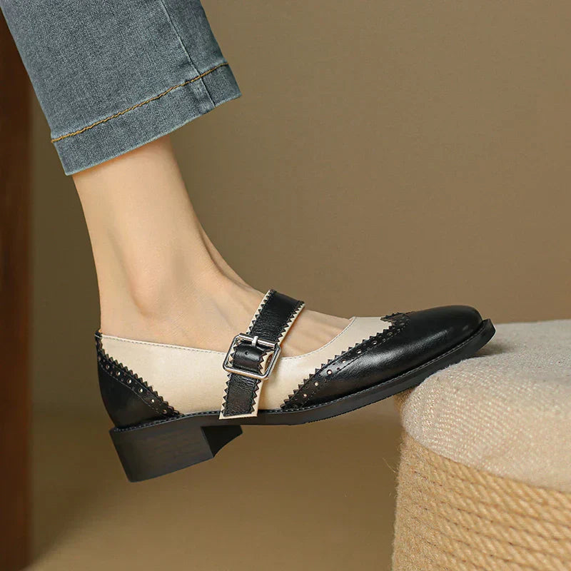 Women's Classic Mary Jane Shoes - Brogue Detail - Two-Tone Leather