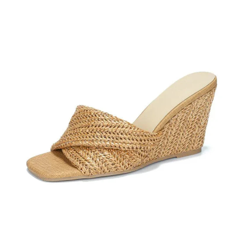 Women's Wedge Sandals Open-Toe Woven Strap Slip-On Mule