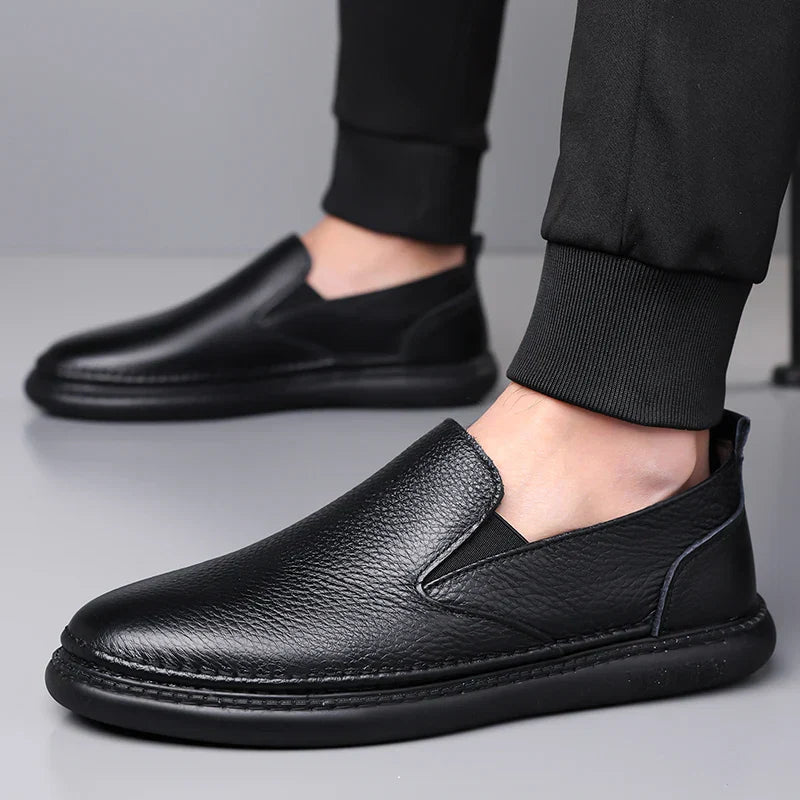 Men’s Round Toe Faux Leather Slip-On Casual Shoes with Elastic Side Panels