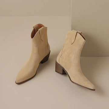 Women's Suede Cowgirl Boots - Pointed Toe Western Ankle Boots - Mid Block Heel - Pull-On
