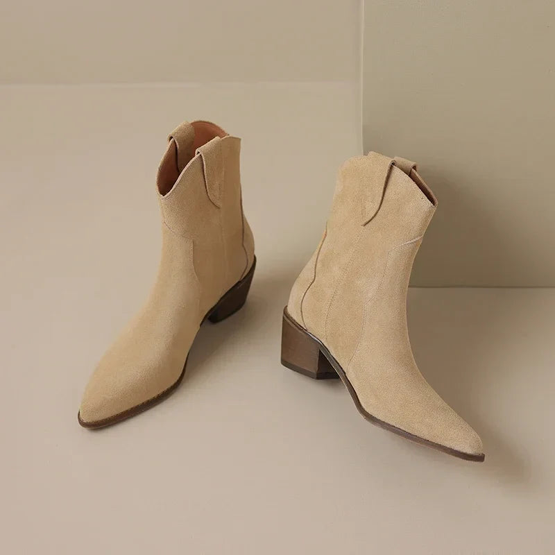Women's Suede Cowgirl Boots - Pointed Toe Western Ankle Boots - Mid Block Heel - Pull-On