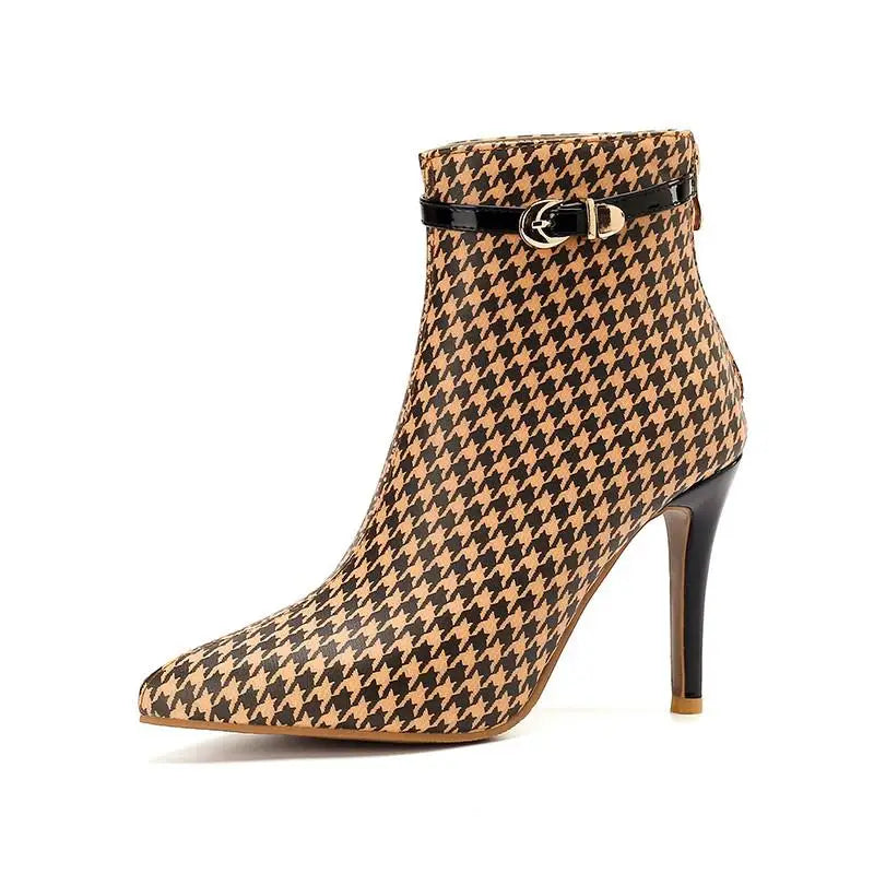 Women's Houndstooth Ankle Boots - Pointed Toe Stiletto Heels