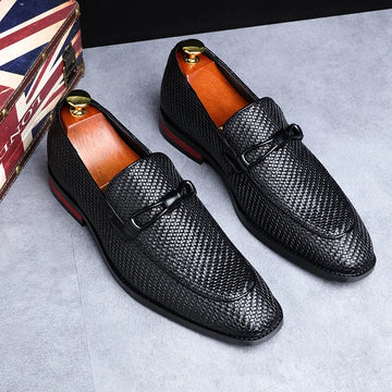 Men's Penny Loafers - Pointed Toe - Woven Texture Upper - Low Block Heel