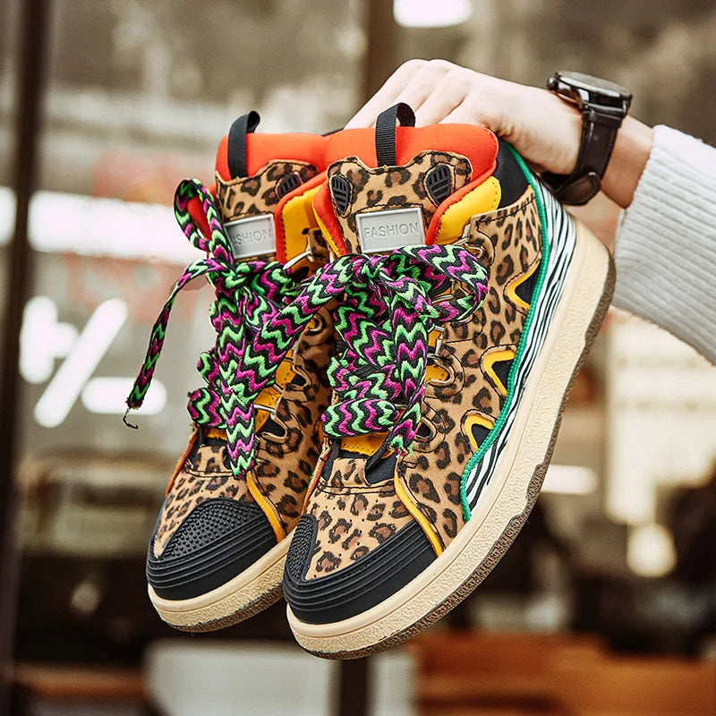 Unisex Leopard Print High-Top Sneakers with Bold Lace Detail