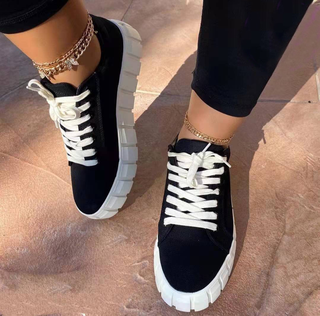 Women's Platform Sneakers - Low-Top Lace-Up Canvas Shoes