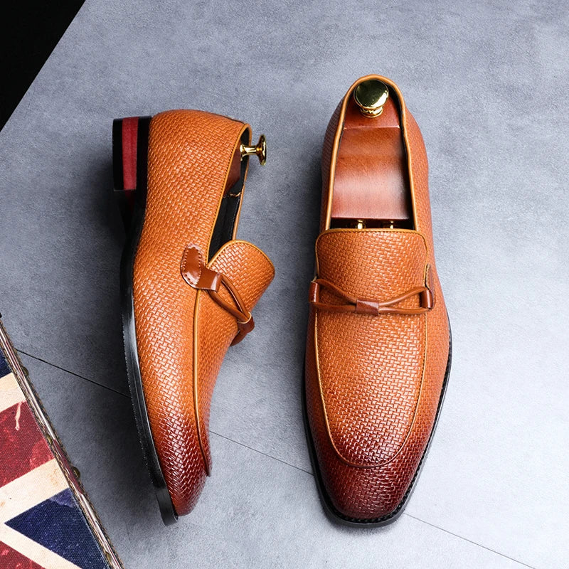 Men's Penny Loafers - Pointed Toe - Woven Texture Upper - Low Block Heel