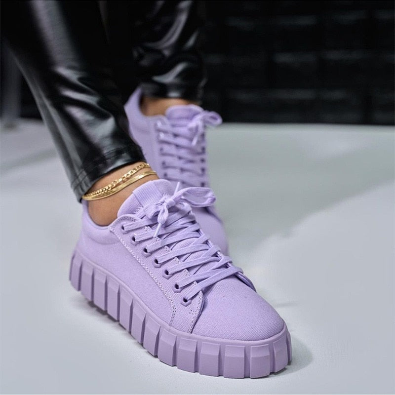 Women's Platform Sneakers - Low-Top Lace-Up Canvas Shoes