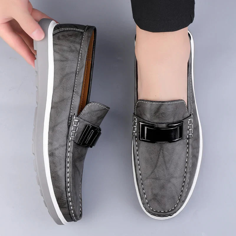 Men’s Almond Toe Slip-On Loafers with Metal Bit Detail and Flat Rubber Sole