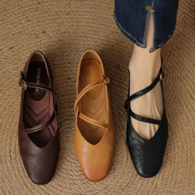 Women's Mary Jane Square Toe Leather Flats - Ankle Strap Buckle