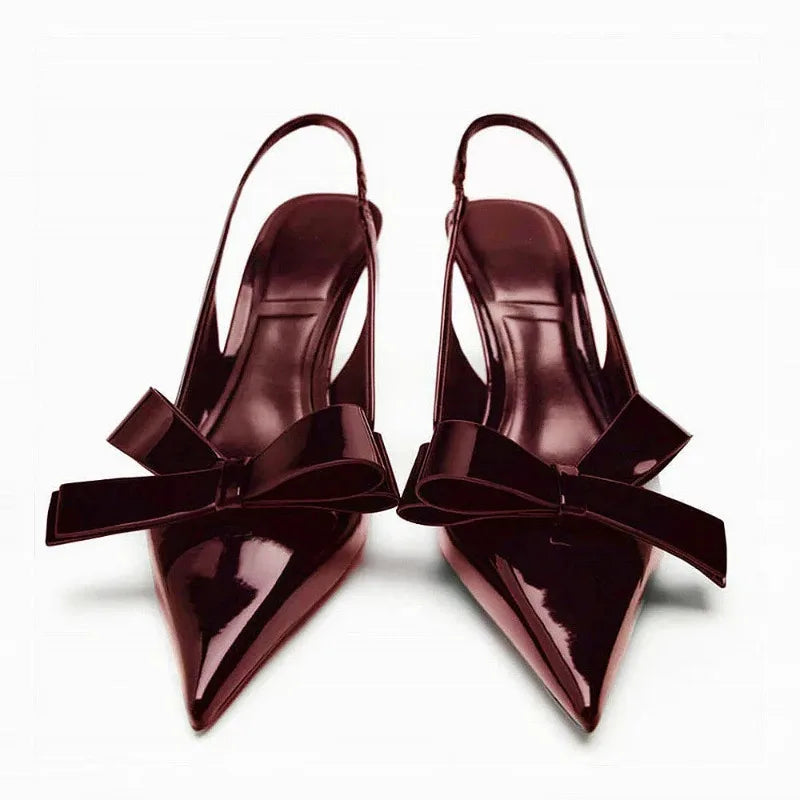 Women's Pointed Toe Slingback Heels - Patent Upper - Bow Detail - Stiletto