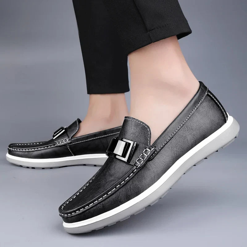 Men’s Almond Toe Slip-On Loafers with Metal Bit Detail and Flat Rubber Sole