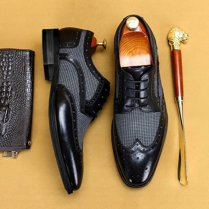 Men’s Lace-Up Leather Brogue Oxford Shoes with Almond Toe and Low Heel