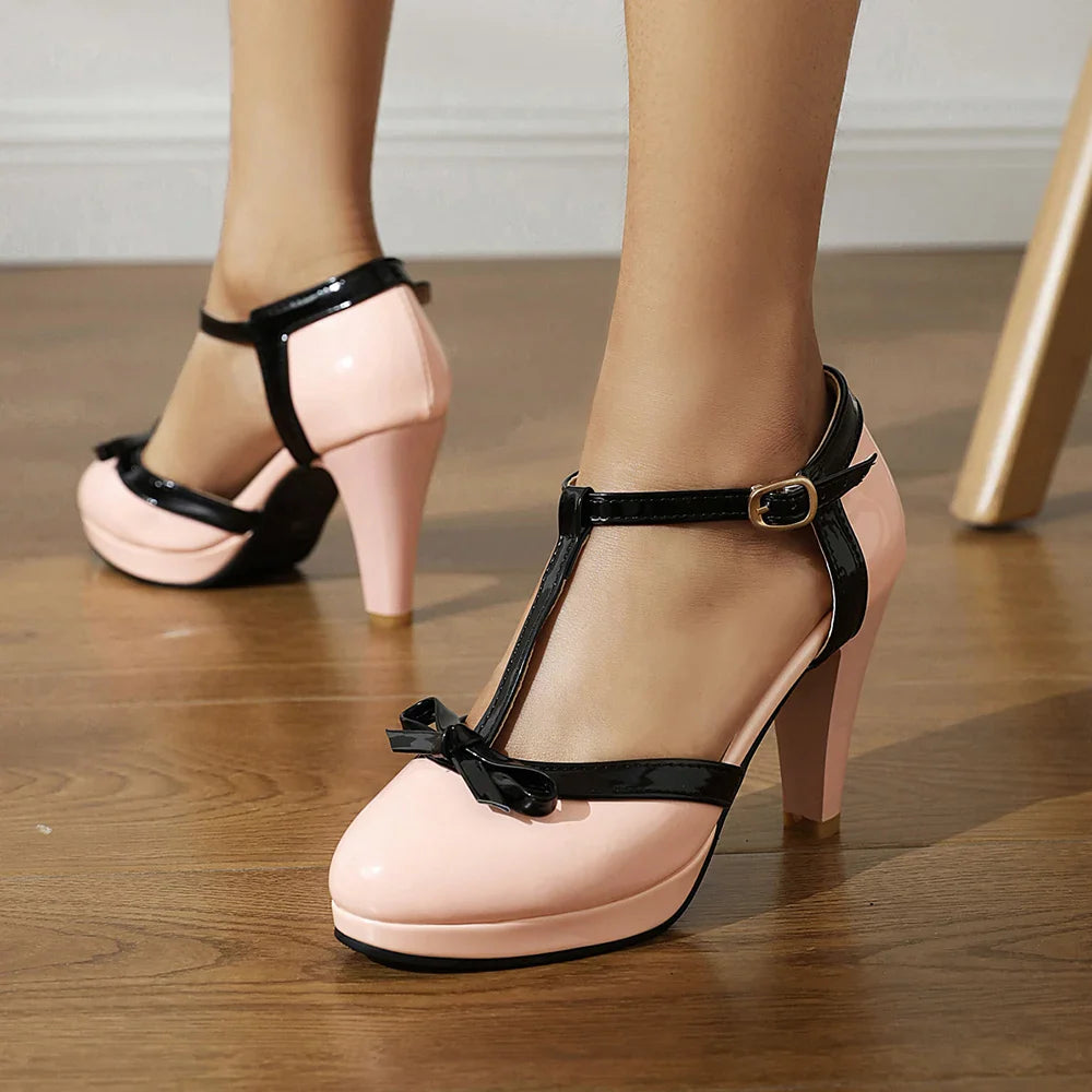 Women’s Rounded Toe T-Strap Heels with Bow Detail and Buckle Closure