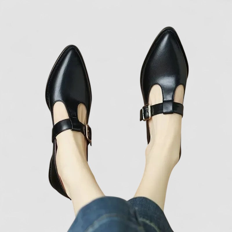 Women's Leather Pointed Toe Mary Jane Flats - T-Bar Strap - Block Heel