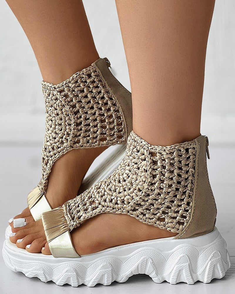 Women’s Open Toe Wedge Sandals with Woven Upper and Platform Sole