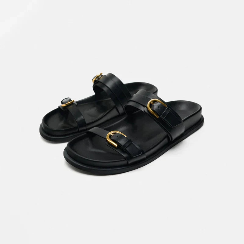 Women's Slide Sandals with Dual Buckle Straps - Open Toe Flat Slide - Gold-Tone Hardware