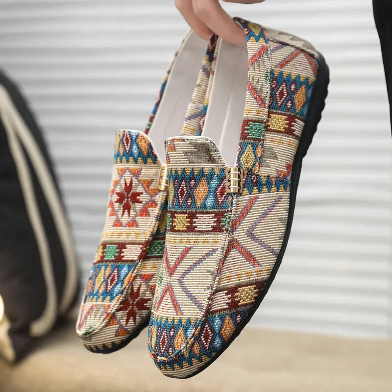 Men's Slip-On Canvas Loafers - Round Toe - Geometric Print - Flat Sole
