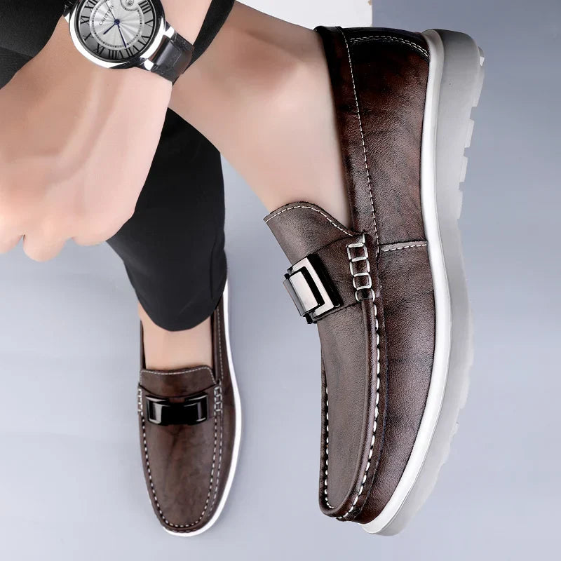 Men’s Almond Toe Slip-On Loafers with Metal Bit Detail and Flat Rubber Sole