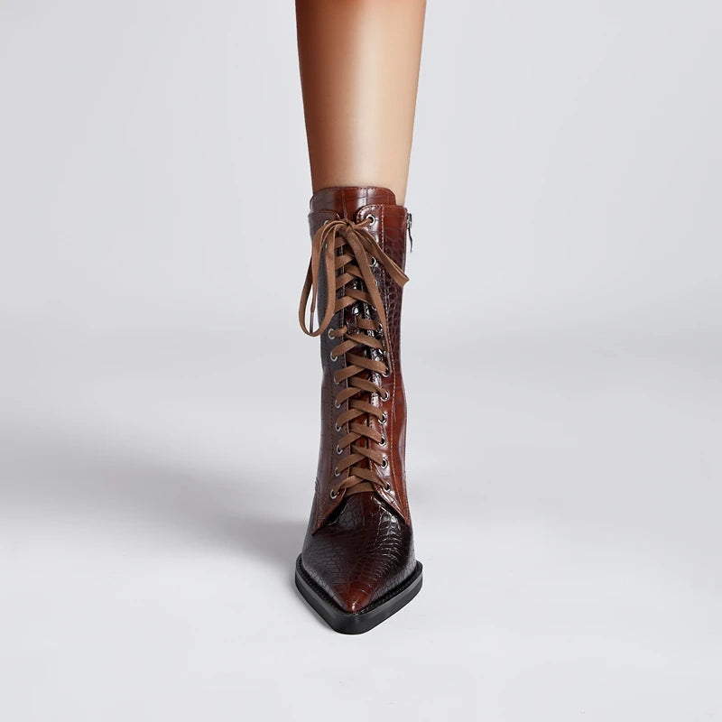 Women’s Faux-Leather Lace-Up Pointed-Toe Boots with Croc Texture and Block Heel