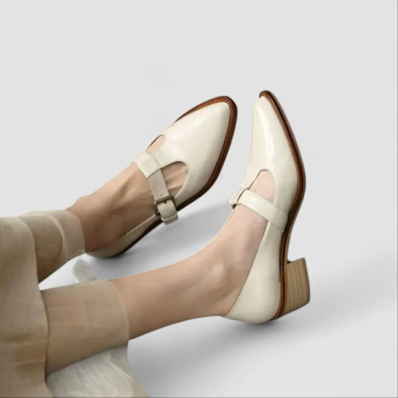 Women's Leather Pointed Toe Mary Jane Flats - T-Bar Strap - Block Heel
