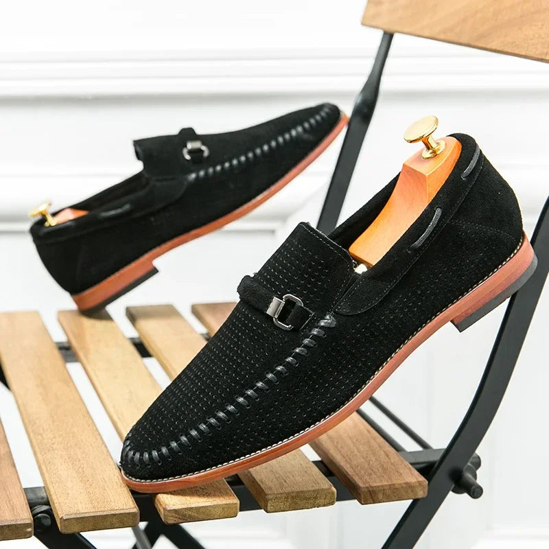 Men’s Slip-On Loafers with Almond Toe, Perforated Upper, and Flat Sole