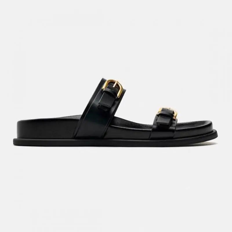 Women's Slide Sandals with Dual Buckle Straps - Open Toe Flat Slide - Gold-Tone Hardware