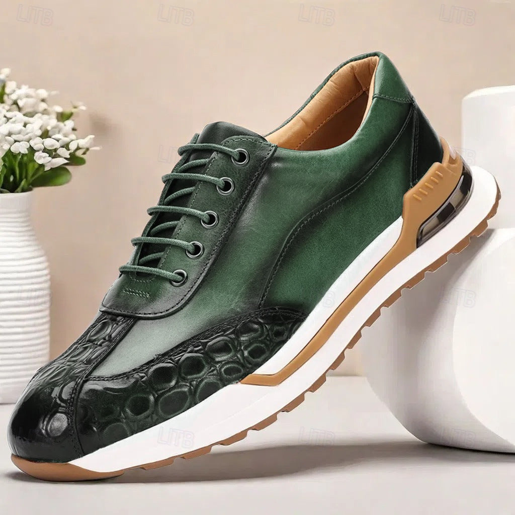 Men's Leather Sneakers - Lace-Up Burnished Patina Croc-Embossed Runner Sole