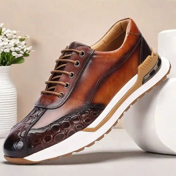 Men's Leather Sneakers - Lace-Up Burnished Patina Croc-Embossed Runner Sole