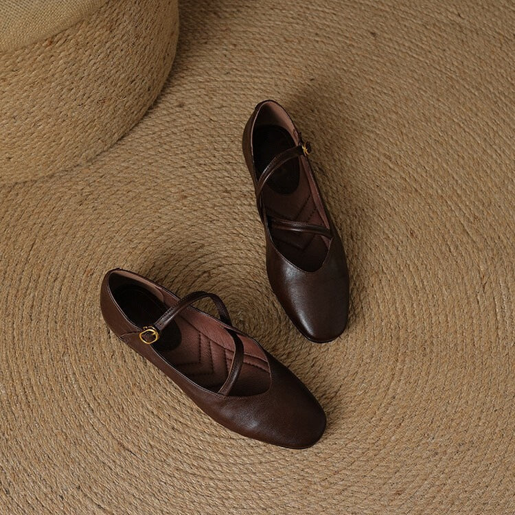 Women's Mary Jane Square Toe Leather Flats - Ankle Strap Buckle