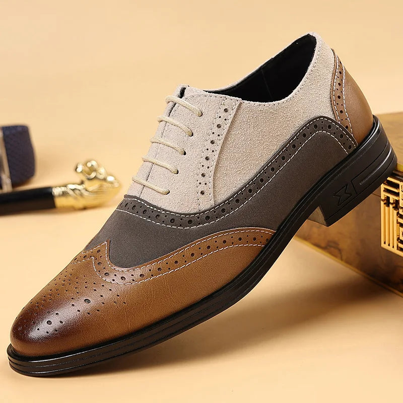 Men's Leather Wingtip Brogue Oxford Shoes - Lace-Up Rubber Sole
