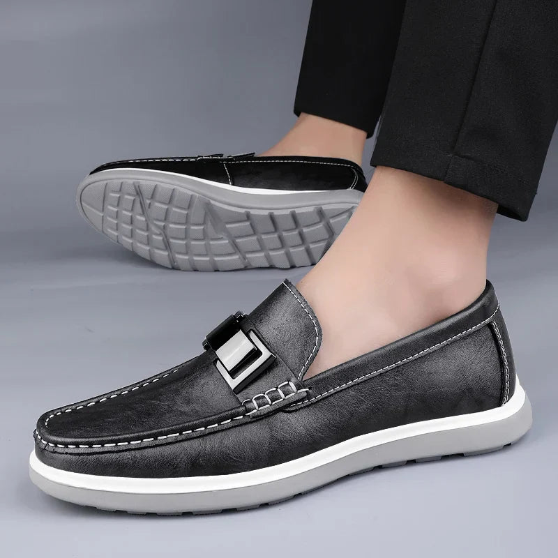 Men’s Almond Toe Slip-On Loafers with Metal Bit Detail and Flat Rubber Sole