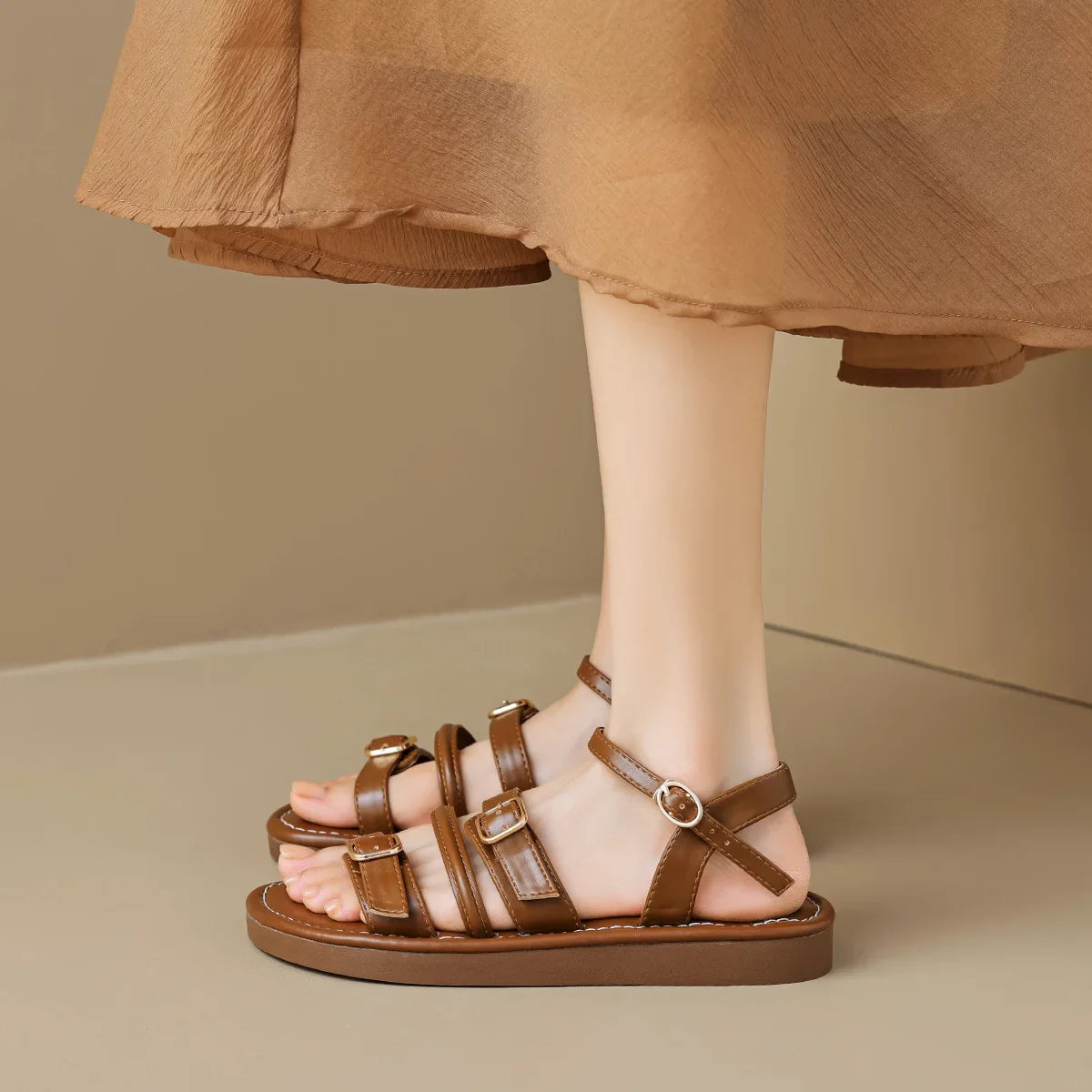 Women’s Flat Leather Sandals with Multi-Strap Buckle Design and Open Toe