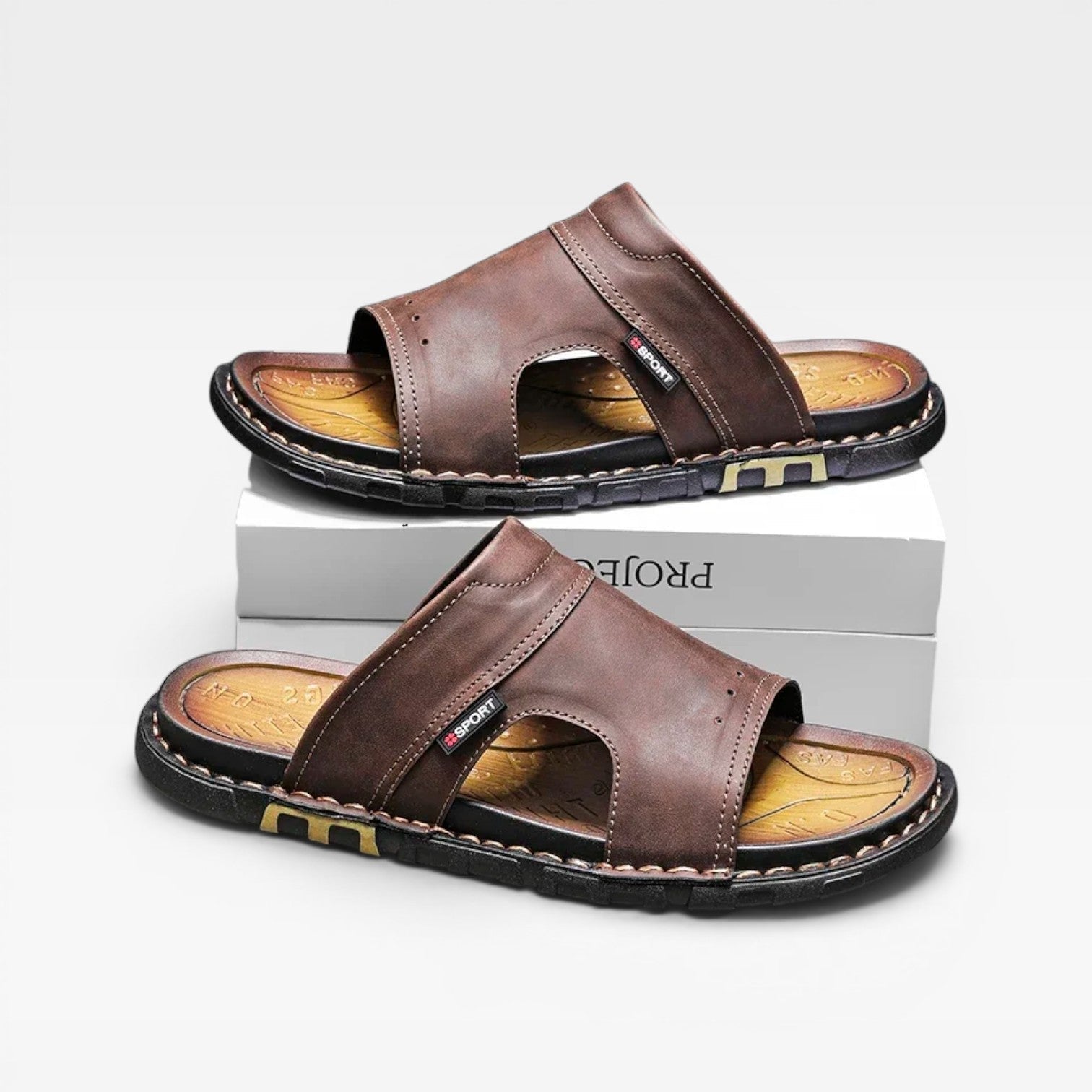 Men's Slide Sandals Leather Open Toe Slip-On Flat Sole