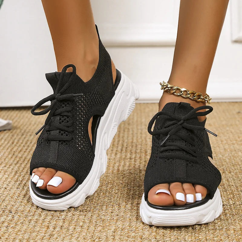 Women's Open-Toe Knit Mesh Lace-Up Platform Sandals