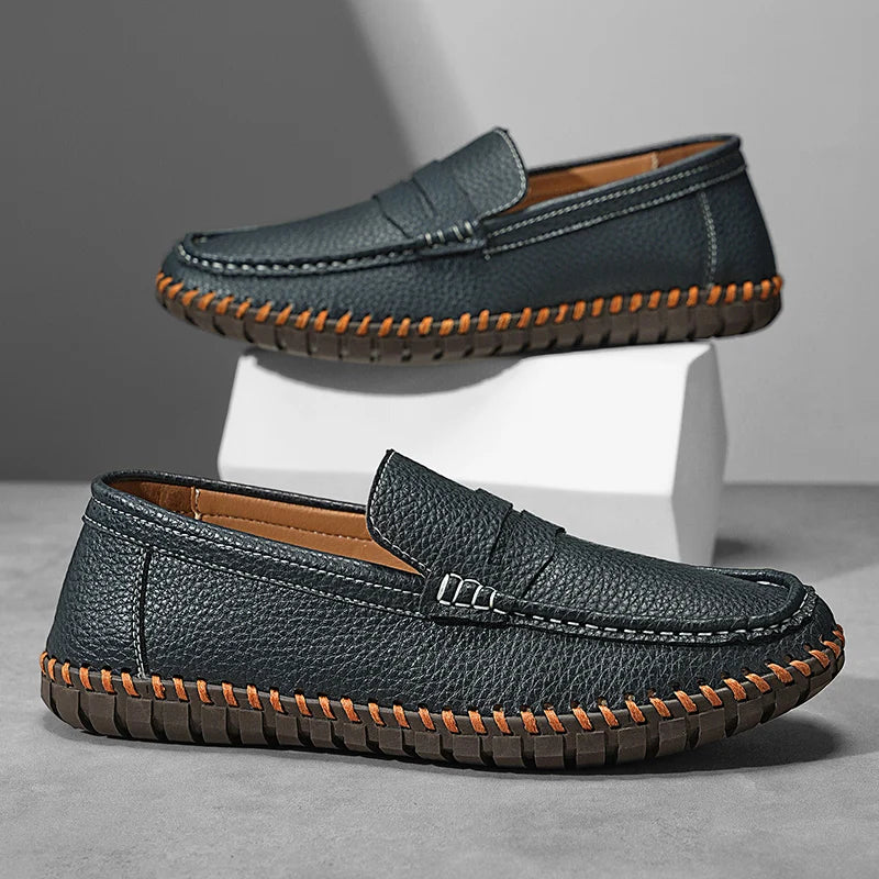 Men's Genuine Leather Penny Loafers - Hand-Stitched Slip-On