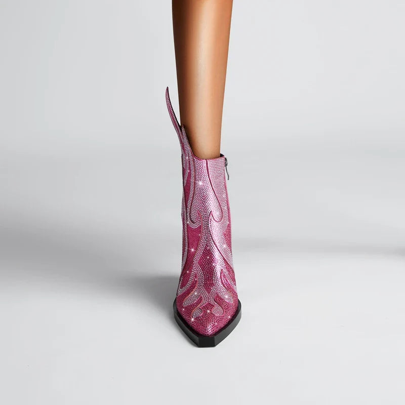 Women's Rhinestone Western Ankle Boots - Pointed Toe Block Heel