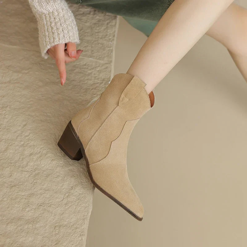 Women's Suede Cowgirl Boots - Pointed Toe Western Ankle Boots - Mid Block Heel - Pull-On