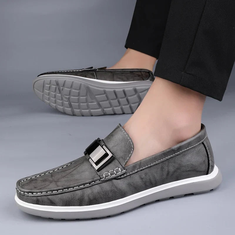 Men’s Almond Toe Slip-On Loafers with Metal Bit Detail and Flat Rubber Sole
